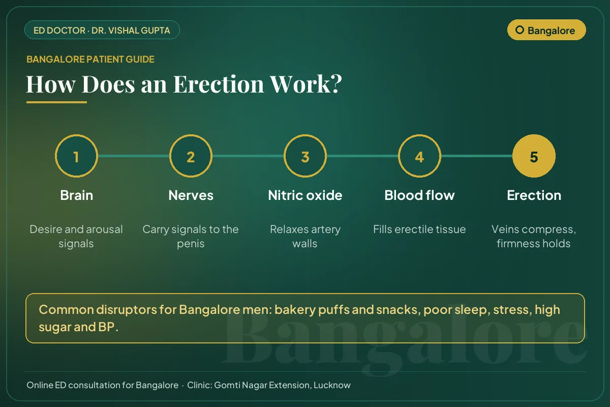 Diagram for Bangalore patients: how brain, nerves, nitric oxide and blood flow create an erection