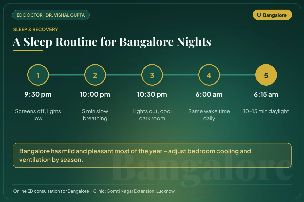 Nightly sleep routine for better testosterone and erectile health, adapted to Bangalore's climate