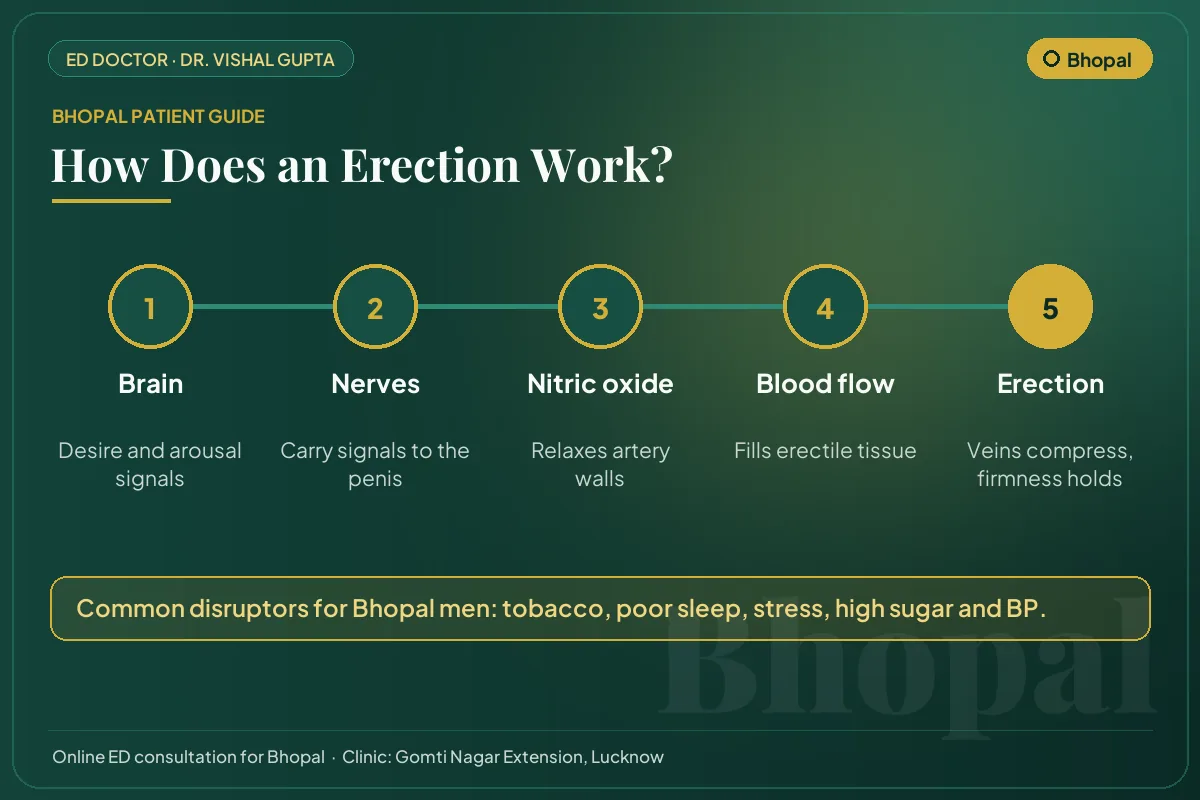 Diagram for Bhopal patients: how brain, nerves, nitric oxide and blood flow create an erection