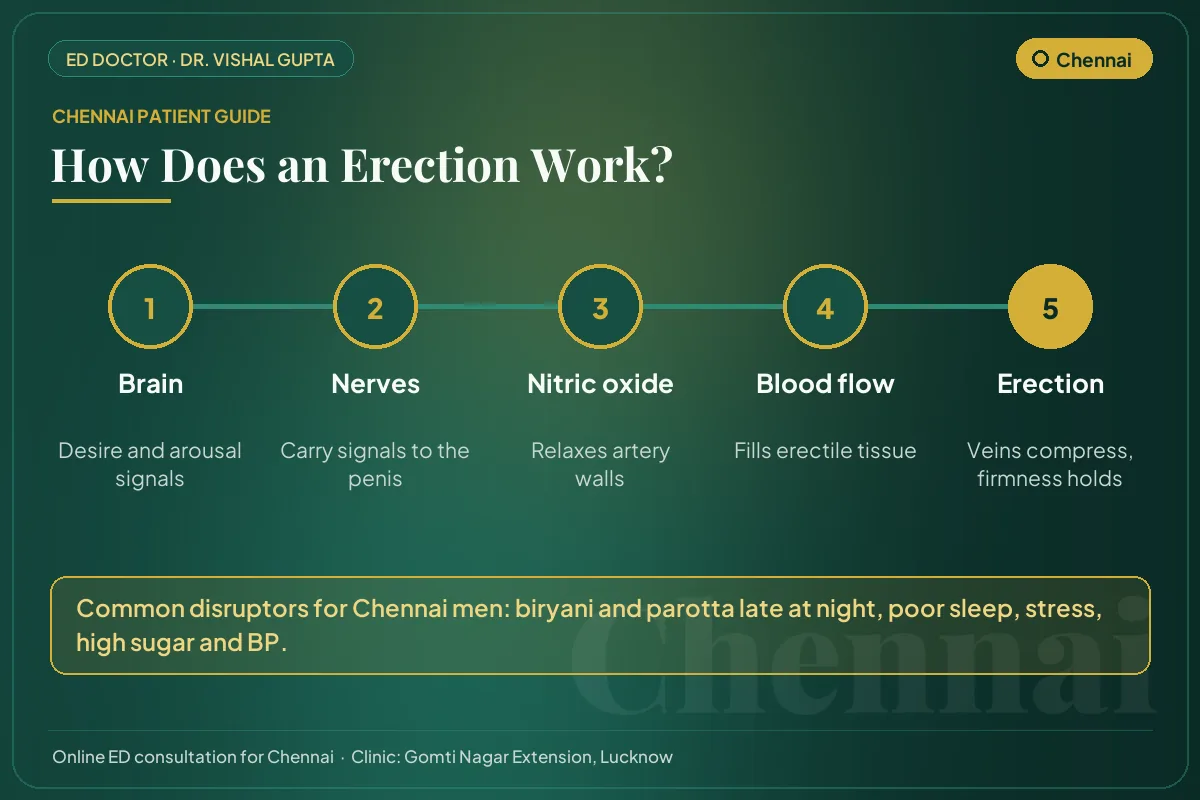 Diagram for Chennai patients: how brain, nerves, nitric oxide and blood flow create an erection