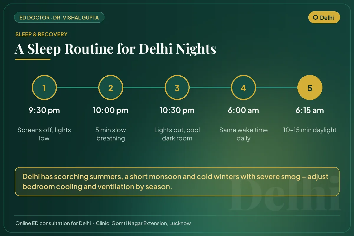 Nightly sleep routine for better testosterone and erectile health, adapted to Delhi's climate