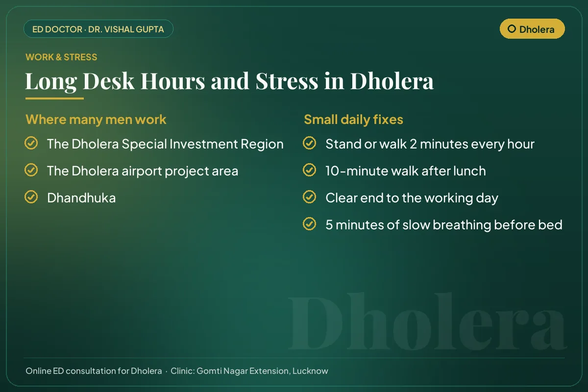 Work hubs in Dholera and simple daily fixes for desk hours and stress that affect erectile health