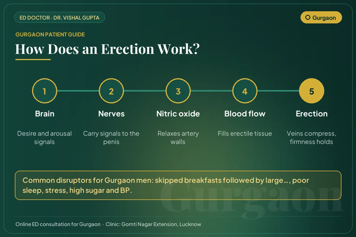 Diagram for Gurgaon patients: how brain, nerves, nitric oxide and blood flow create an erection