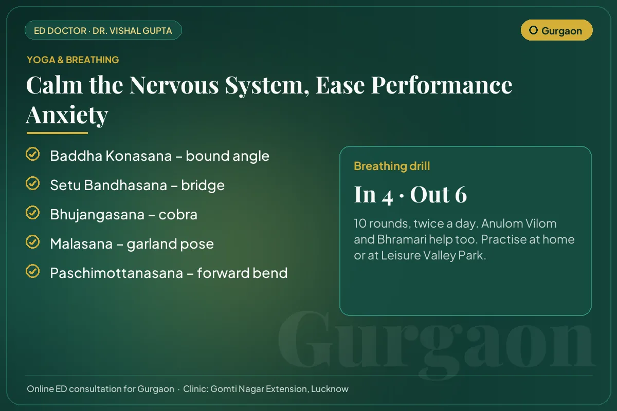 Yoga poses and a breathing drill for performance anxiety, for men practising in Gurgaon
