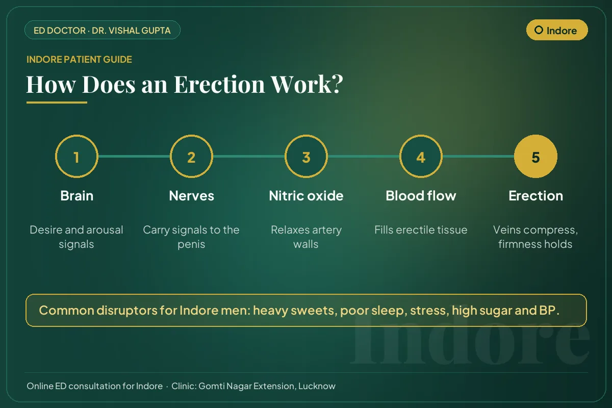 Diagram for Indore patients: how brain, nerves, nitric oxide and blood flow create an erection