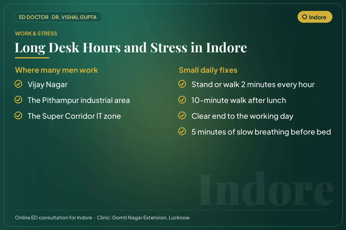 Work hubs in Indore and simple daily fixes for desk hours and stress that affect erectile health