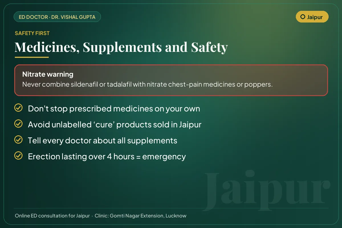 Medicine and supplement safety checklist for men in Jaipur, including the nitrate warning