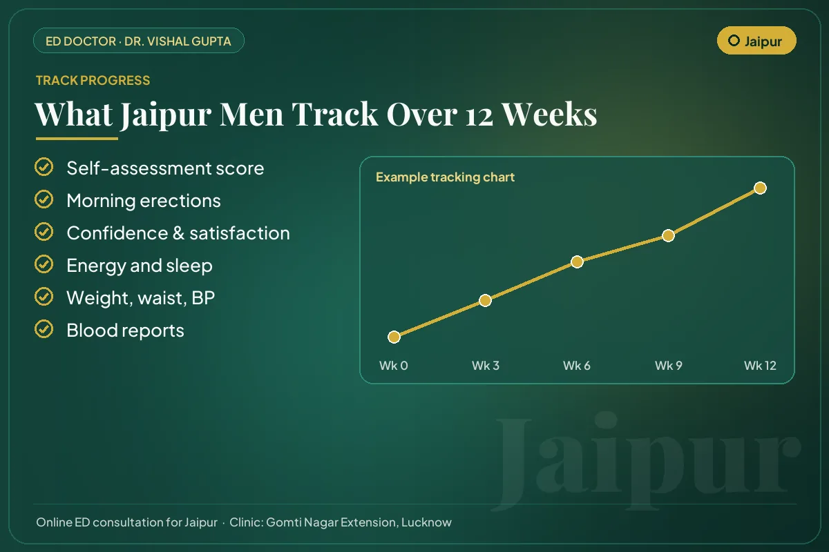 Example 12-week progress chart and the markers Jaipur patients track for erectile health