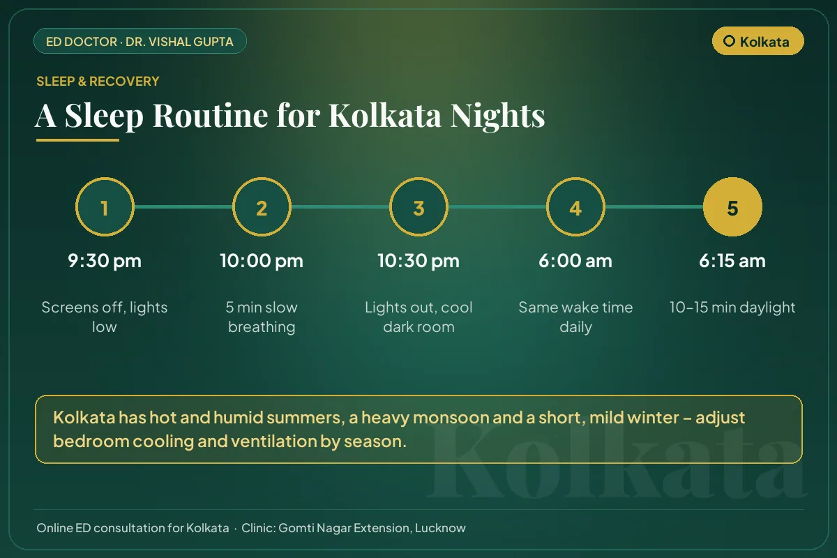 Nightly sleep routine for better testosterone and erectile health, adapted to Kolkata's climate