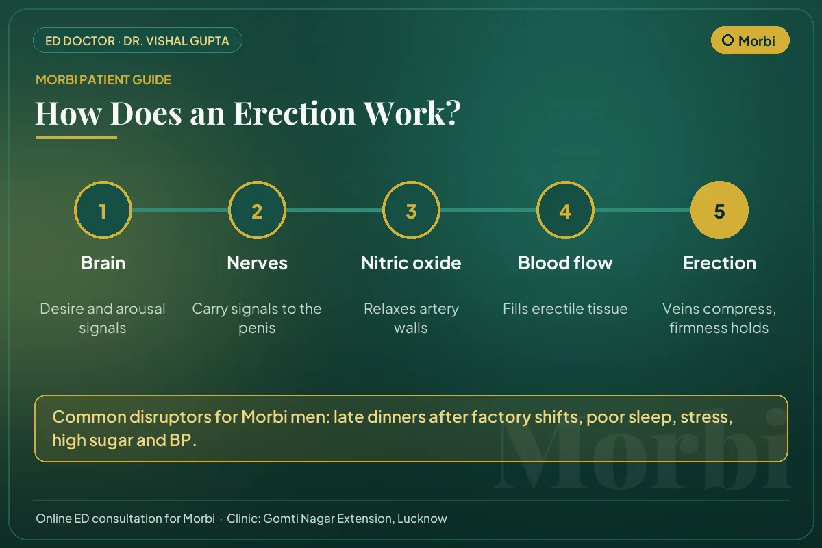 Diagram for Morbi patients: how brain, nerves, nitric oxide and blood flow create an erection