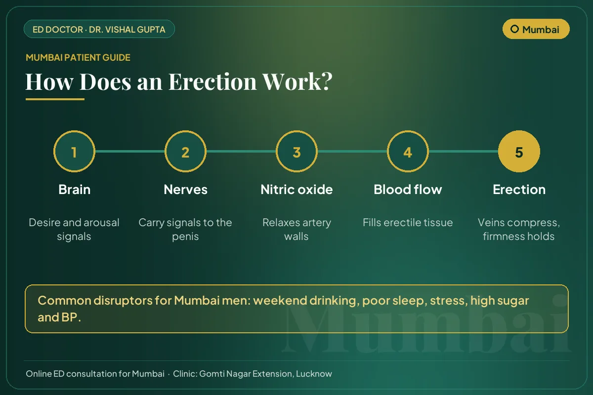Diagram for Mumbai patients: how brain, nerves, nitric oxide and blood flow create an erection
