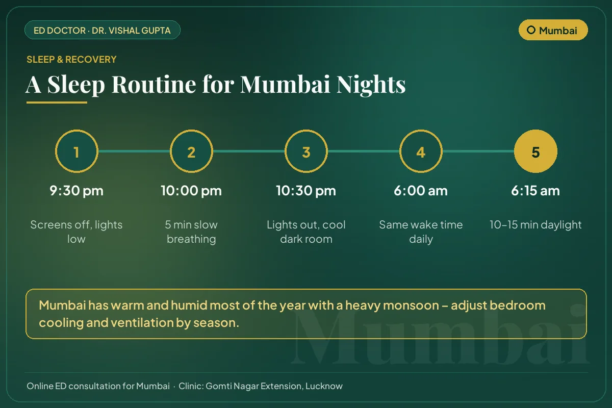 Nightly sleep routine for better testosterone and erectile health, adapted to Mumbai's climate