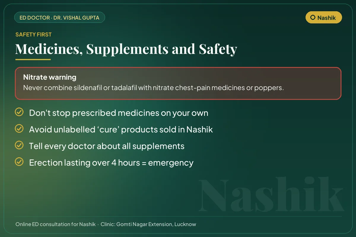 Medicine and supplement safety checklist for men in Nashik, including the nitrate warning
