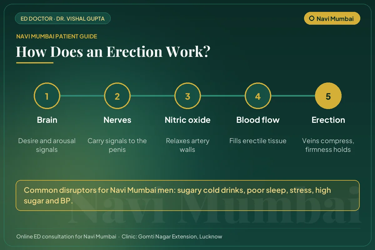 Diagram for Navi Mumbai patients: how brain, nerves, nitric oxide and blood flow create an erection