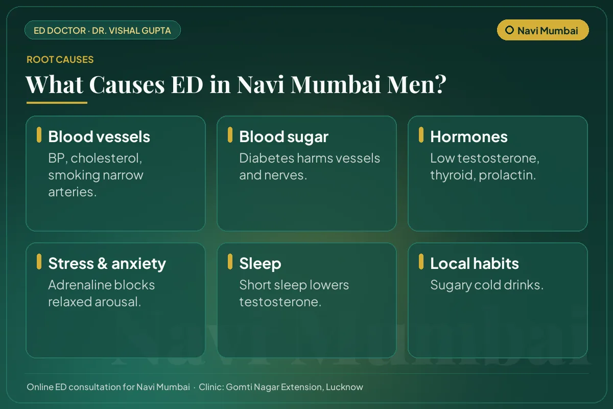 Six common causes of erectile dysfunction among men in Navi Mumbai, including local lifestyle habits