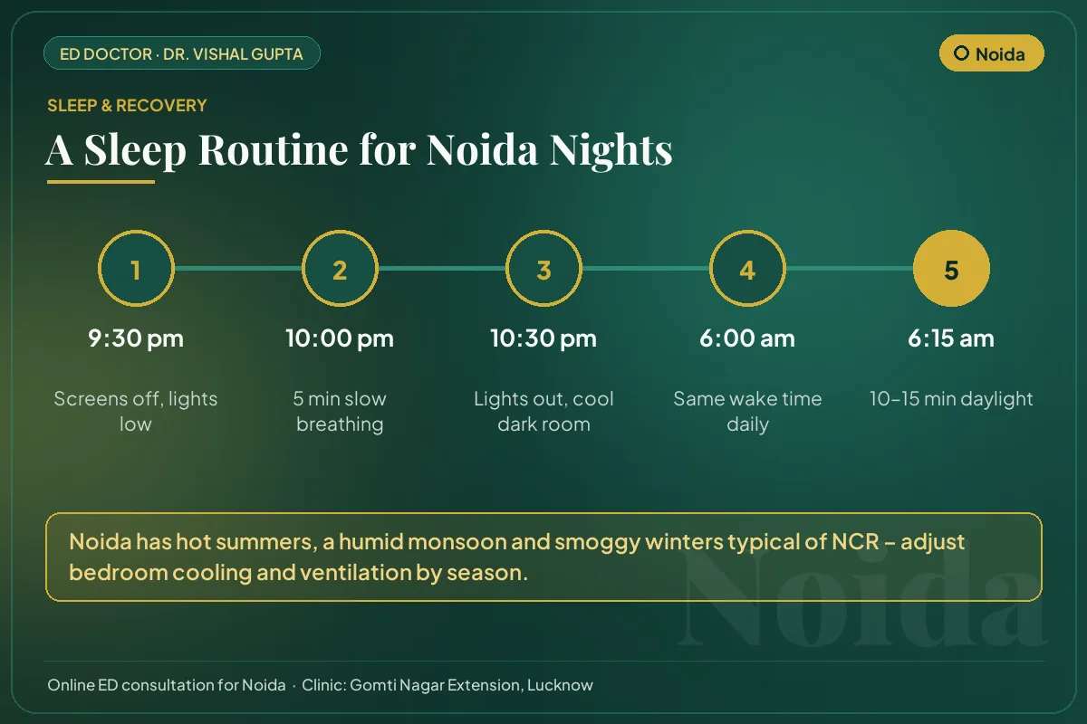 Nightly sleep routine for better testosterone and erectile health, adapted to Noida's climate