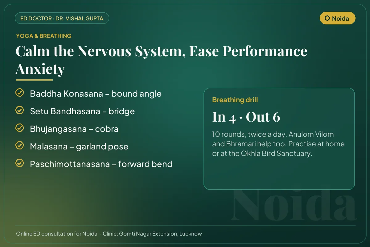 Yoga poses and a breathing drill for performance anxiety, for men practising in Noida