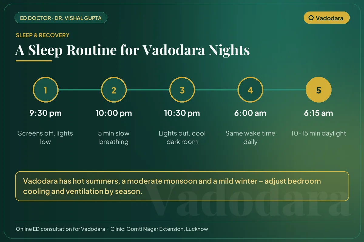 Nightly sleep routine for better testosterone and erectile health, adapted to Vadodara's climate