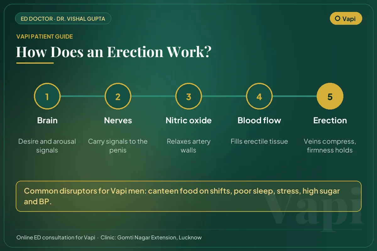 Diagram for Vapi patients: how brain, nerves, nitric oxide and blood flow create an erection