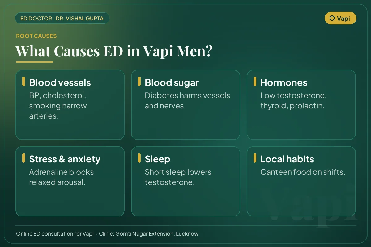 Six common causes of erectile dysfunction among men in Vapi, including local lifestyle habits