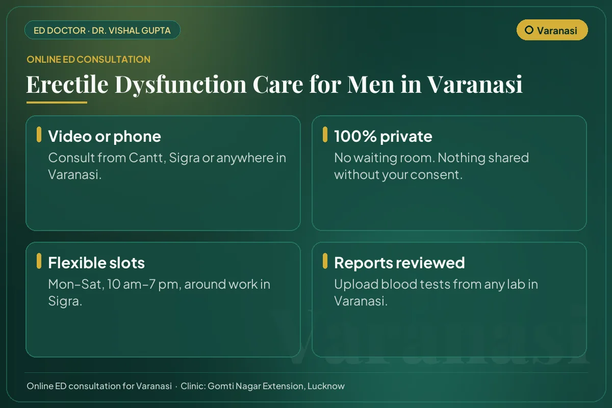 Online erectile dysfunction consultation for men in Varanasi: video or phone, private, flexible timings and report review