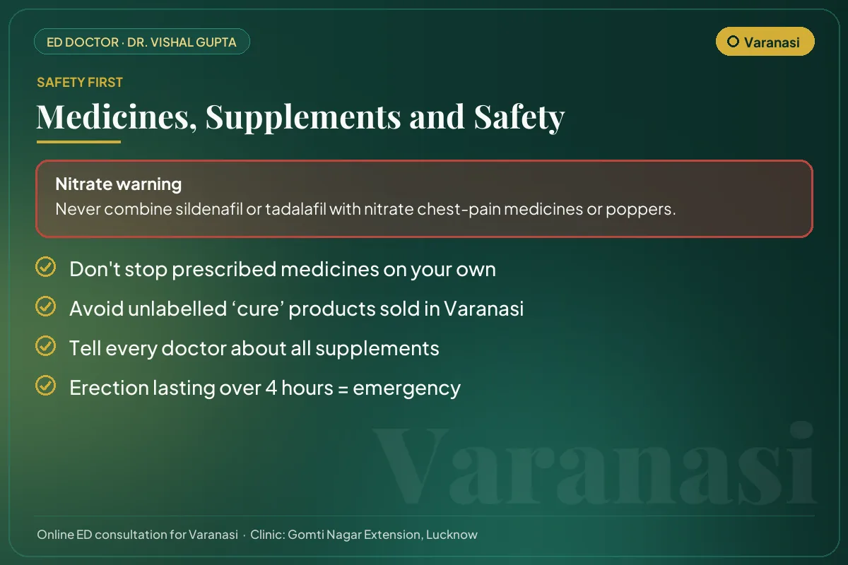 Medicine and supplement safety checklist for men in Varanasi, including the nitrate warning